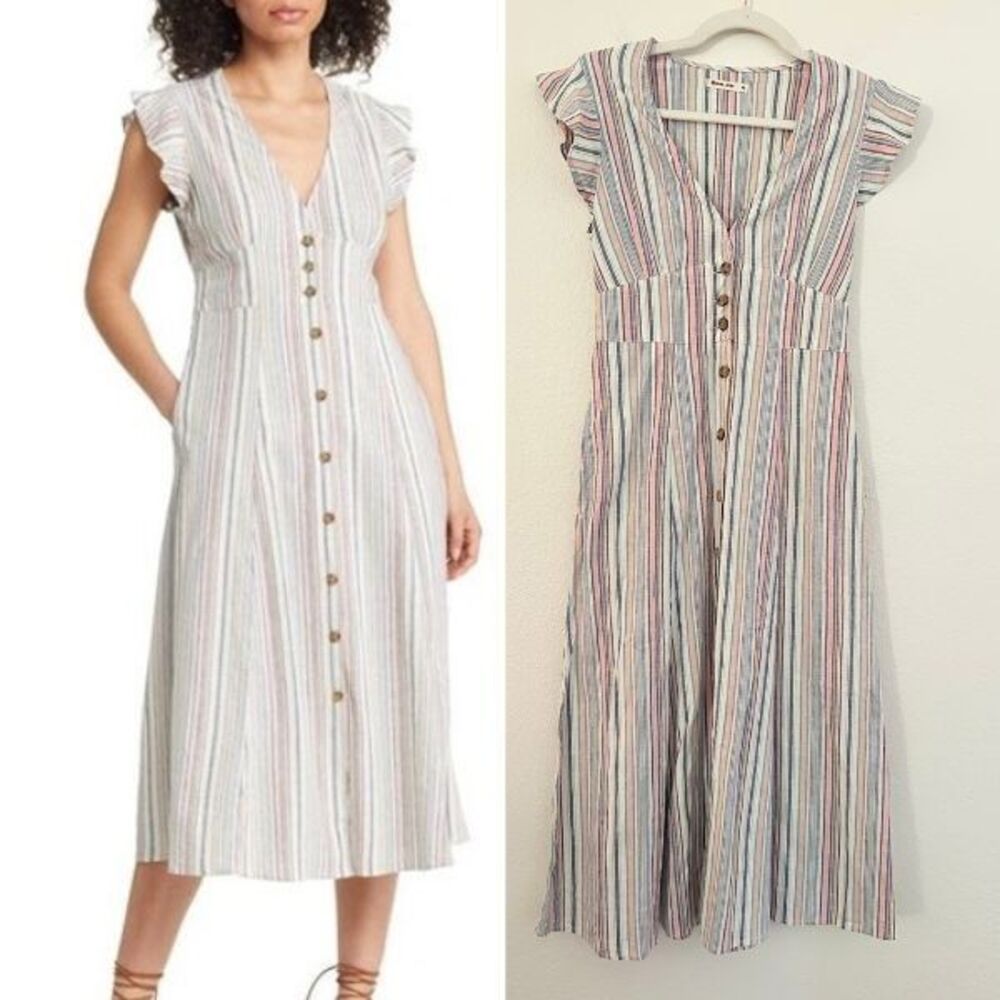 Marine Layer Camila Stripe Hemp Blend Midi Dress White Multi Women's XS X-Small